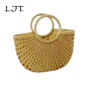 

LJT New Women Fashion Woven Straw Bag Handbag Tote Female Rattan Bag Moon Hollow Travel Summer Handmade Beach Bag Dropshipping