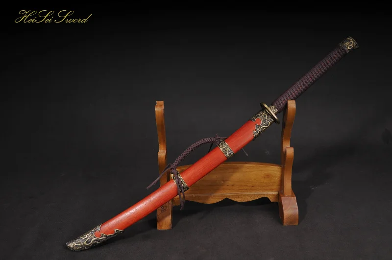 US $199 9 |Full Handmade Top Quality Chinese Qin Sword Folded Steel Reding Blade Sharp Edge Real Weapon Red Hard Wood Saya-in Swords from Home &