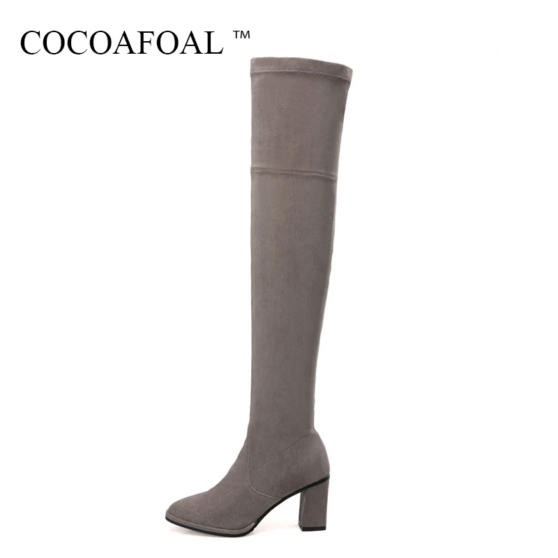 

COCOAFOAL Women Black High Heeled Boots Genuine Leather Pointed Toe Thigh High Boots Plus Size 33 41 Winter Over The Knee Boots