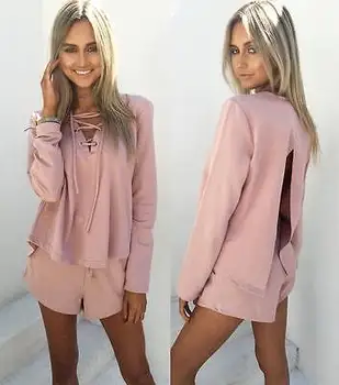

NEW Arrivals WomenTracksuit Lace Up V-Neck Hoodies Sweatshirt Short Pants Suit 2Pcs Sets