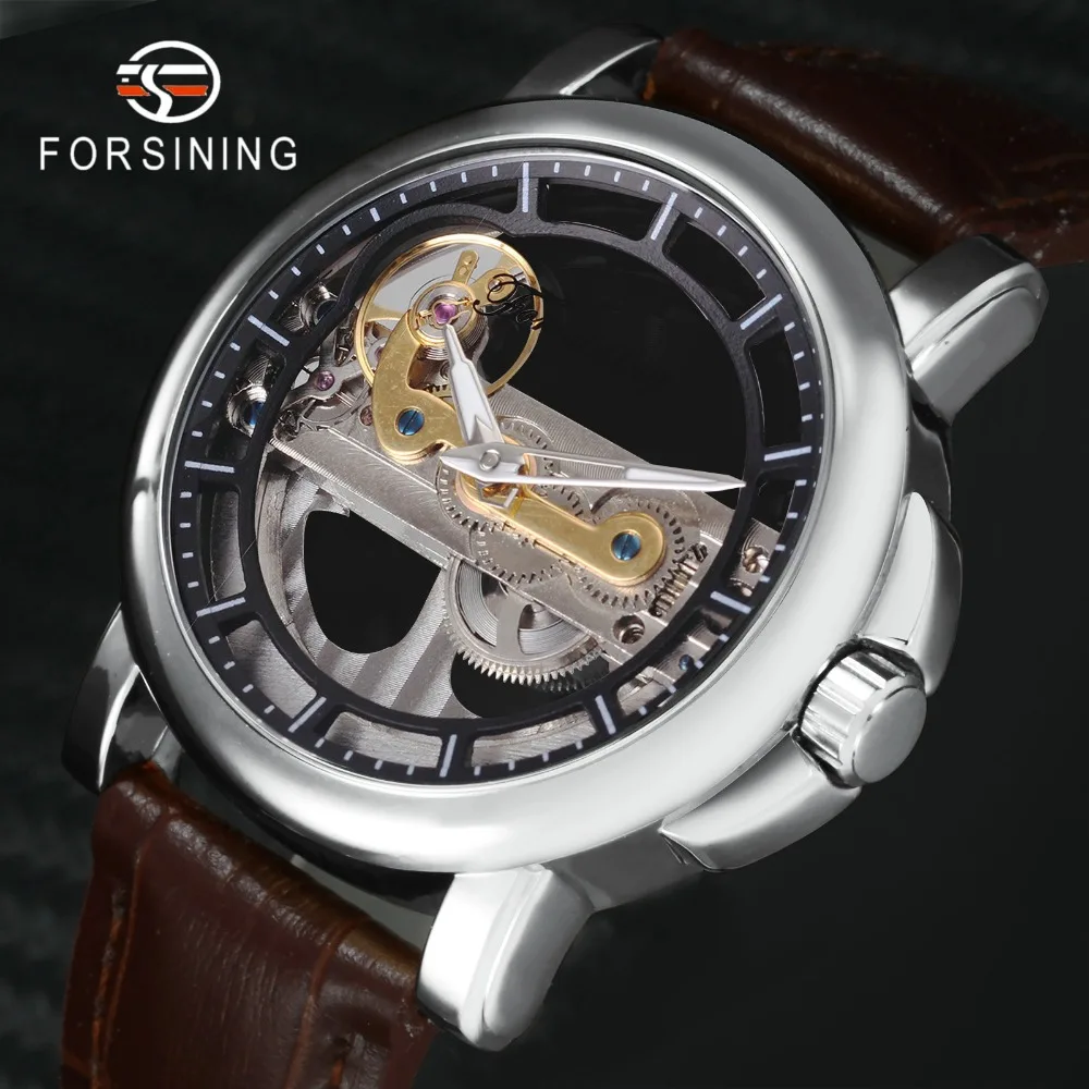 

FORSINING Top Brand Luxury Golden Bridge Watch Men Unique Movement Dial Genuine Leather Strap Auto Mechanical Wristwatch for Man