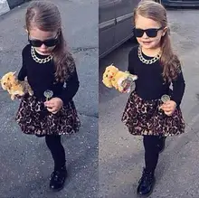 2015 Baby Kids Girls clothes 2pcs long sleeve Black Tops Shirt+Skirt With Leggings Outfits 2-7Y
