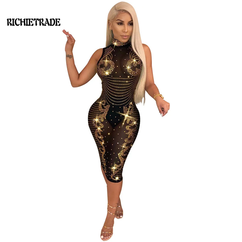

RICHIETRADE Big Diamonds Bodycon Dresses Sexy Transparent Diamond Dresses Turtleneck Sleeveless Club Dress Vestidos
