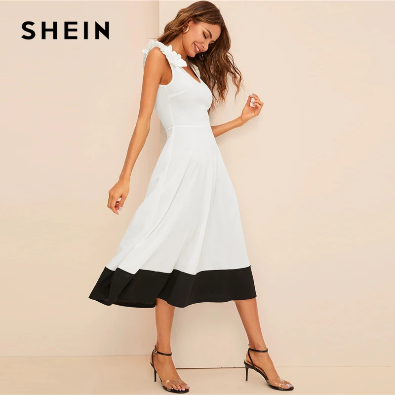 SHEIN Контрастное Платье С Молнией Сзади Женское Белое Элегантное V Образным
