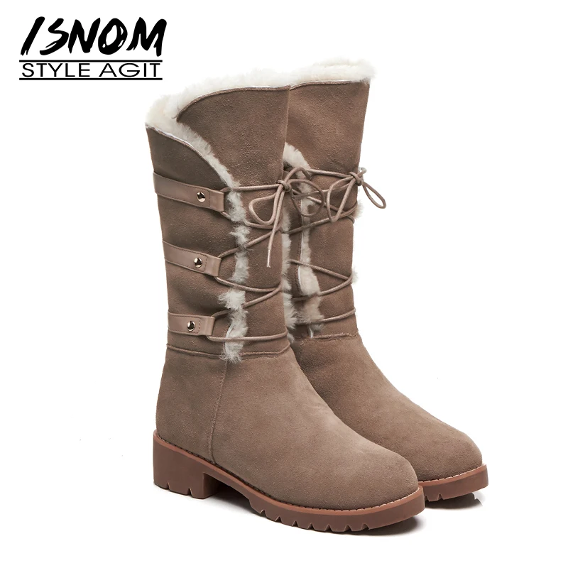 

ISNOM Mid Calf Women Snow Boots Round Toe Warm Footwear Thick Heels Cross Tied Female Boot Platform Lambswool Shoes Woman Winter