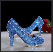 2015 neue Ankunft Elegante Blaue Spitze Perlen Hochzeit Schuhe frauen High Heels Plateau Pumps Braut Abendgesellschaft Kleid Schuhe
