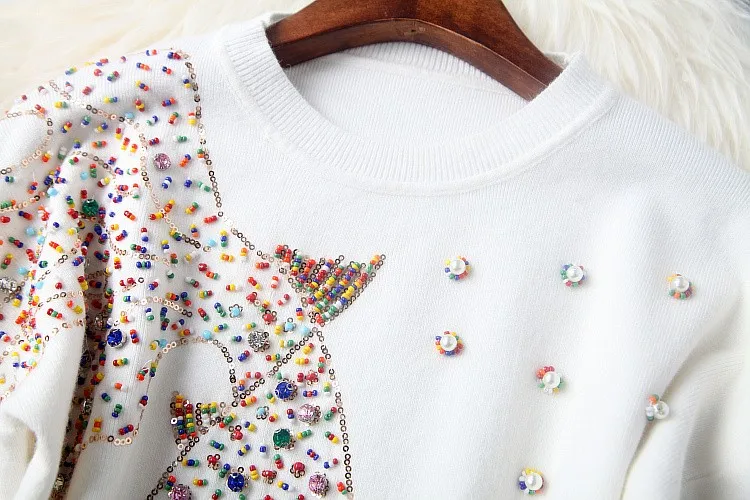 Дизайнерский женский свитер на зиму и весну, черный, серый, белый, вязаный, разноцветный, с бисером, с рисунком рыбы, модный, милый, качественный, брендовый свитер