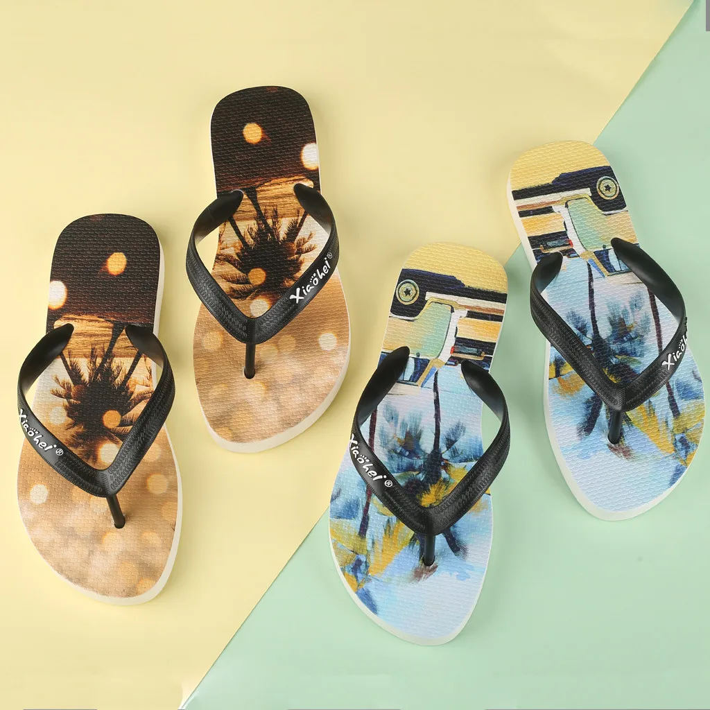 

Men's beach flip flops sandals Men's slippers Couple Slippers Non-Slip Printed Clip Toe Flip Flops Flat Beach Slipper mujer