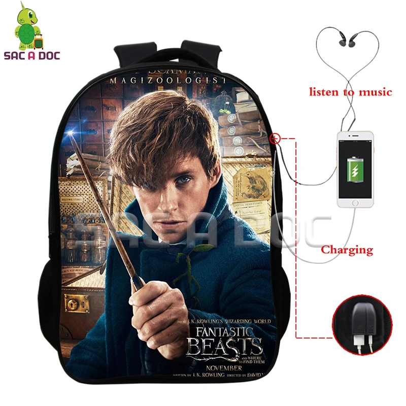 

Magical Fantastic Beasts and Where To Find Them Multifunction Backpacks Teenagers USB Charging Headphone Jack Laptop Travel Bags