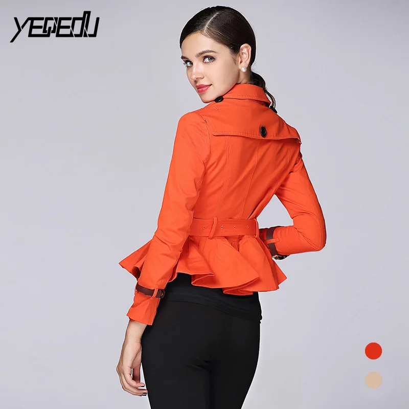 #3304 Khaki Orange Double Breasted Adjustable Waist Short Treach Coat For Women Lotus Leaf Elegant Fashion High Quality Tide