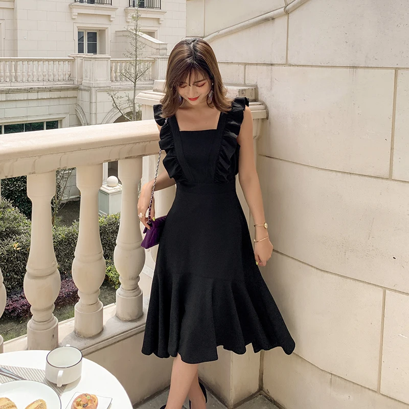 Women's Clothing Dresses summer style off shoulder fashion brand vintage a-line solid sleeveless High waist Square collar new