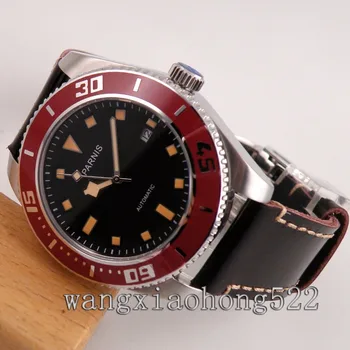 

43mm Parnis Black Dial Yellow Mark Sapphire crystal Luminous Automatic Mens Watch leather strap Deployment Buckle