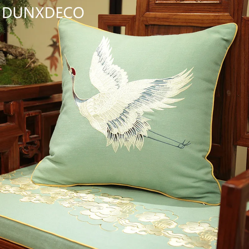 

DUNXDECO Cushion Cover Sofa Chair Decorative Pillow Case Chinese Style Flying Crane Elegant Embroidery Linen Cotton Home Textile