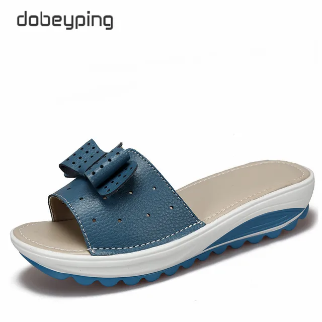 2017 New Women's Sandals Cow Leather Women Flats Shoes Platform Wedges Female Slides Beach Flip Flops Summer Shoe Lady 35-42