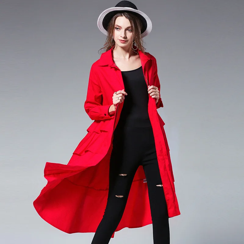 

[Aiweier] Plus Size Autumn Women's Ruffles Dress Solid Lapel Zipper Shirt Dresses Spliced Long Sleeve Windbreaker Wear Garment