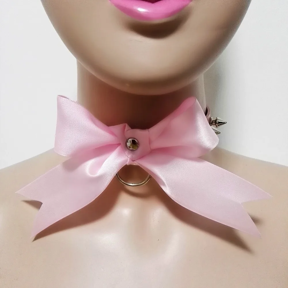 Fashion Harajuku Handmade Leather Choker Necklace Rivet Ribbon cute Bow