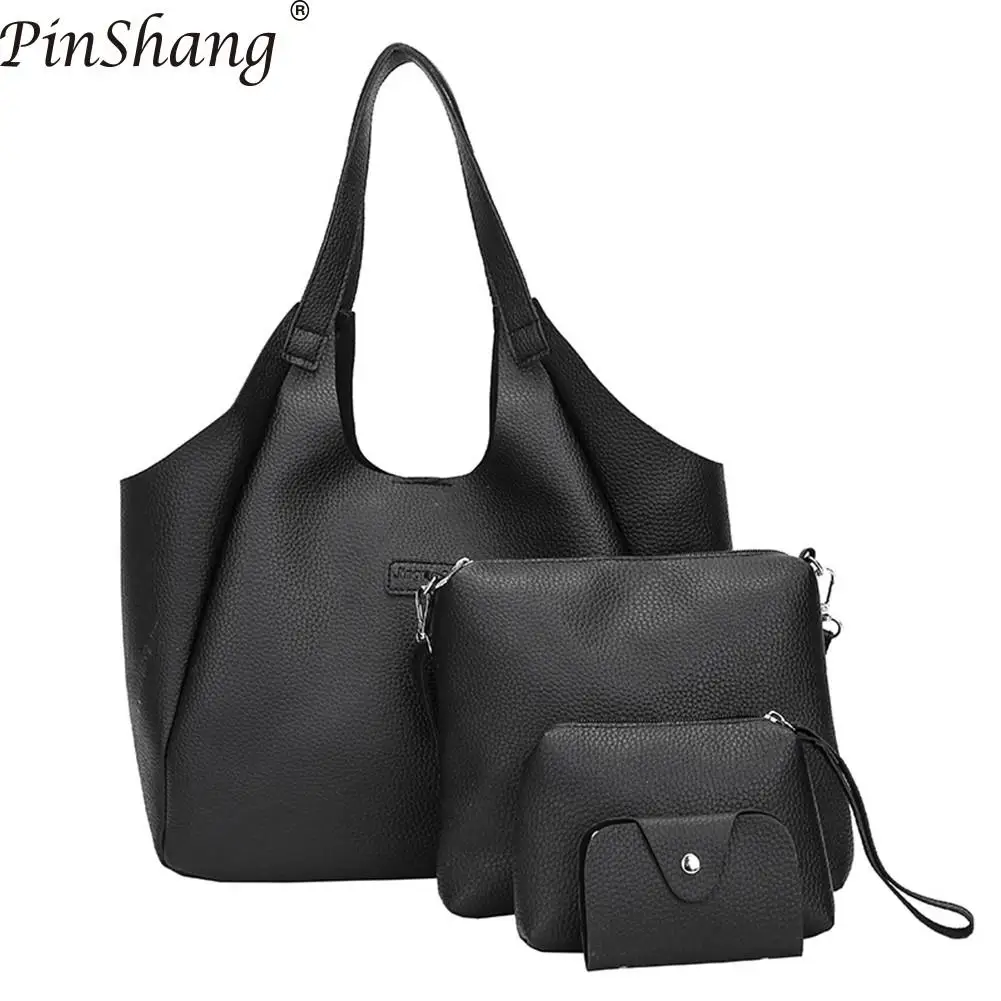

PinShang 4 Pcs/Set Women Handbag PU Leather Fashion Bags Set Simple Casual Solid Color Handbag Bags for Women 2018 ZK40
