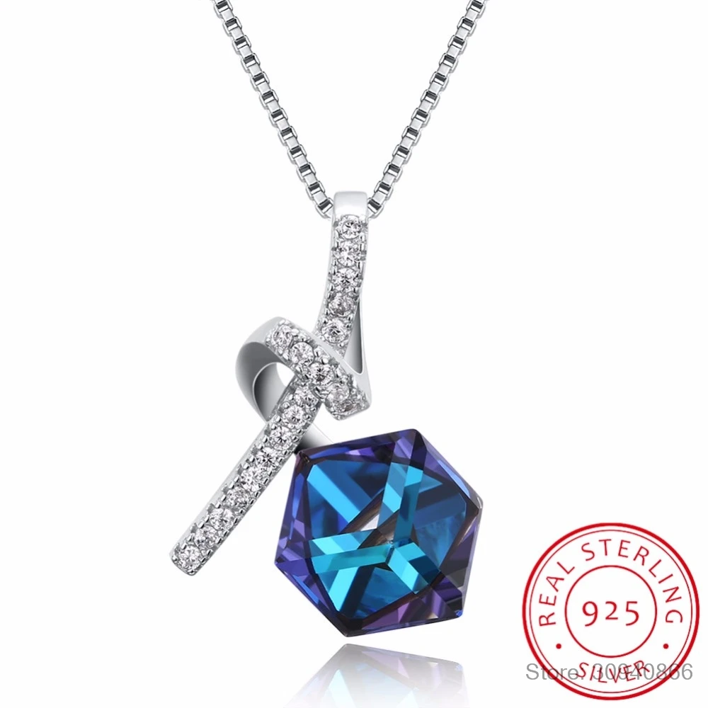 LEKANI S925 синий кристалл из Swarovsk элементы в форме бриллианта Свадебные украшения 925 серебро любовь ожерелье кулон подарок