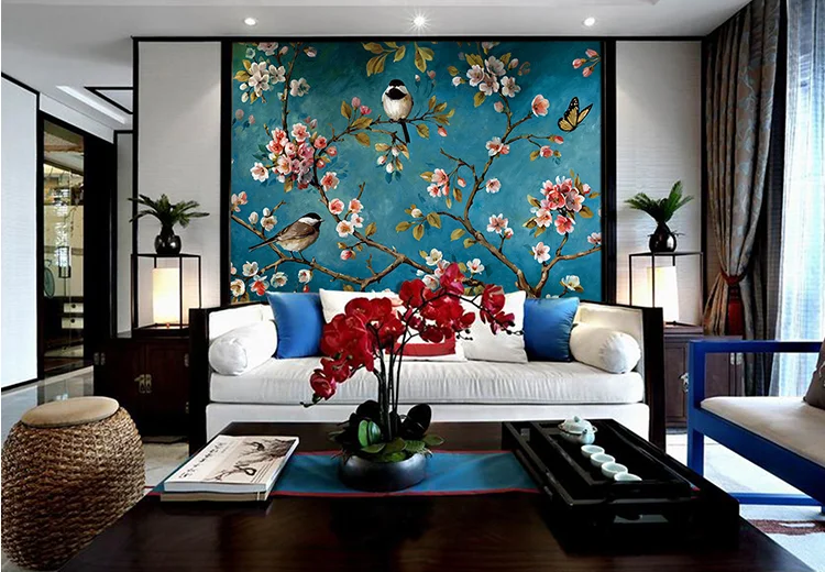 Ручная роспись маслом стиль обои китайские цветы и птицы ретро гостиная ТВ фон обои