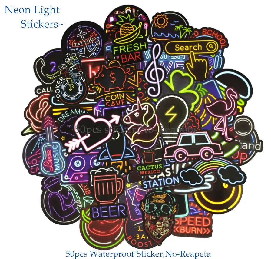 

50PCS Neon Light Sticker Anime Icon Animal Cute Decals Stickers Flake Gifts for Children to Laptop Suitcase Guitar Bicycle Car