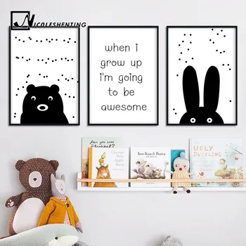 

Cartoon Bear Rabbit Wall Art Canvas Posters Black White Prints Painting Nordic Style Picture Kids Bedroom Decoration Home Decor