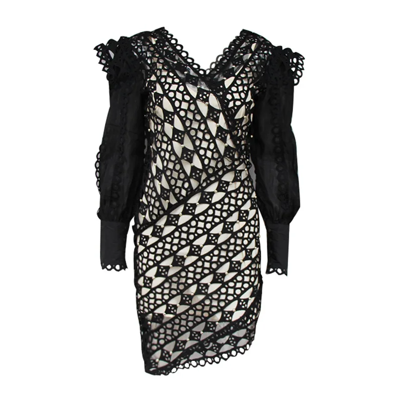 Designer Runway Dress 2019 Summer Women Long Sleeve Hollow Out Irregular Mid-Calf Lace Dress (1)