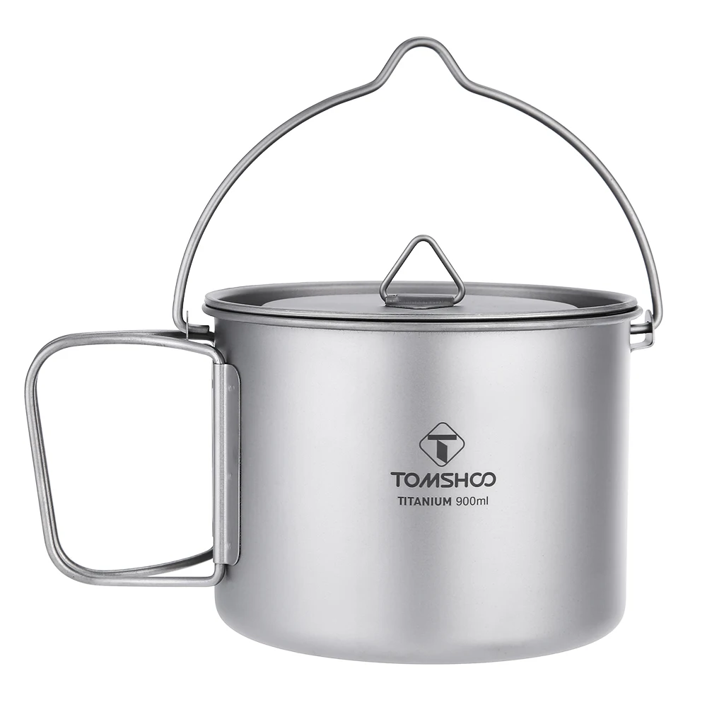 

TOMSHOO 900ML Portable Titanium Pot Titanium Water Mug Cup with Lid and Foldable Handle for Outdoor Camping Cooking Picnic