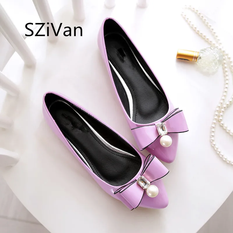 

SZiVan Women casual flat heel shoes New fashion pointed Toe bowknot crystal diamond leather Women's flats shoes big size 45