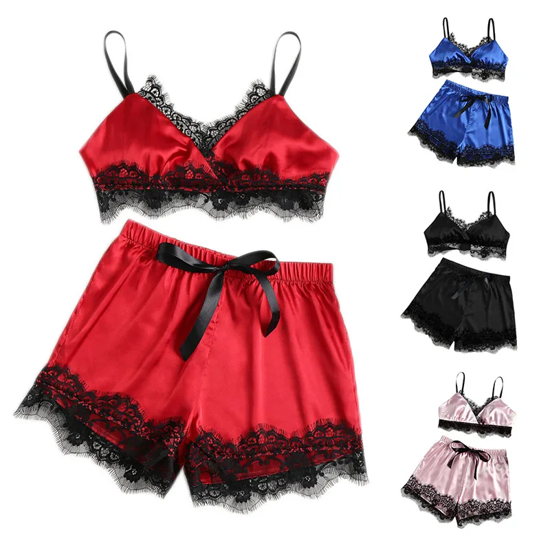 

Women Split Pajama Solid Color Lace Sling Bikini with Pants Sleepdress JL