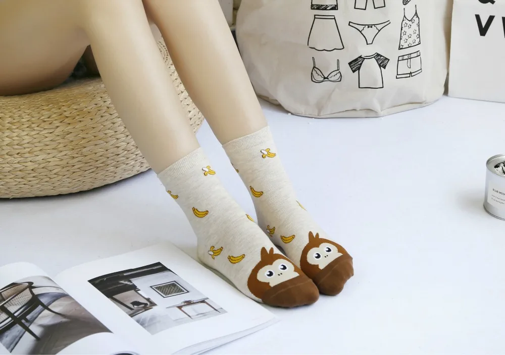 COCOTEKK дизайн милые хлопковые жаккардовые носки с фруктами для женщин Милое животное, кошка отпечаток ноги собака носки зимние женские носки