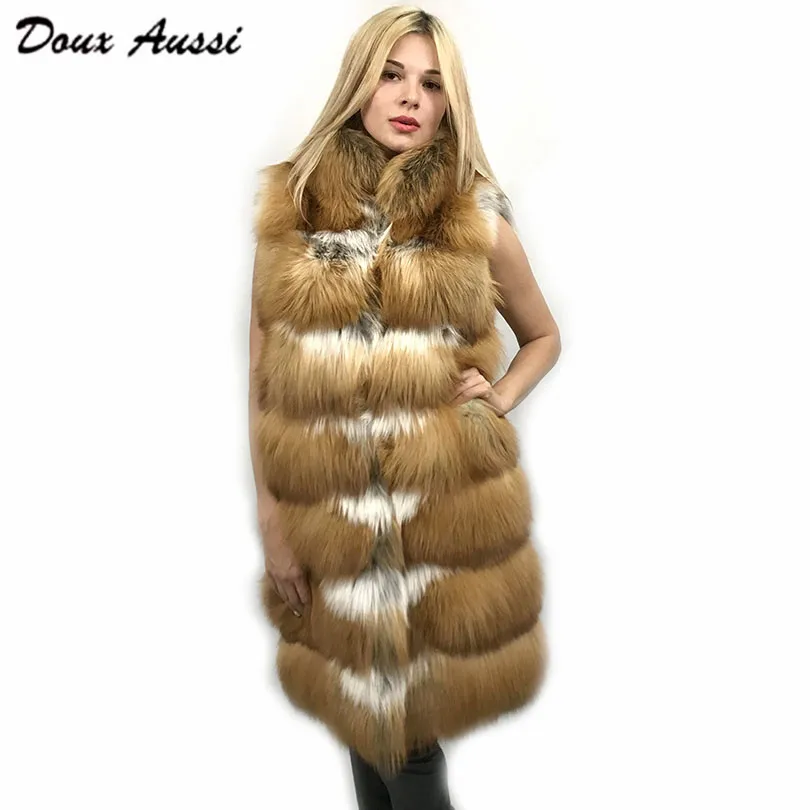 DOUX AUSSI Women Fox Fur Vest Long 2017 Winter Thick Warm Plus Size Red