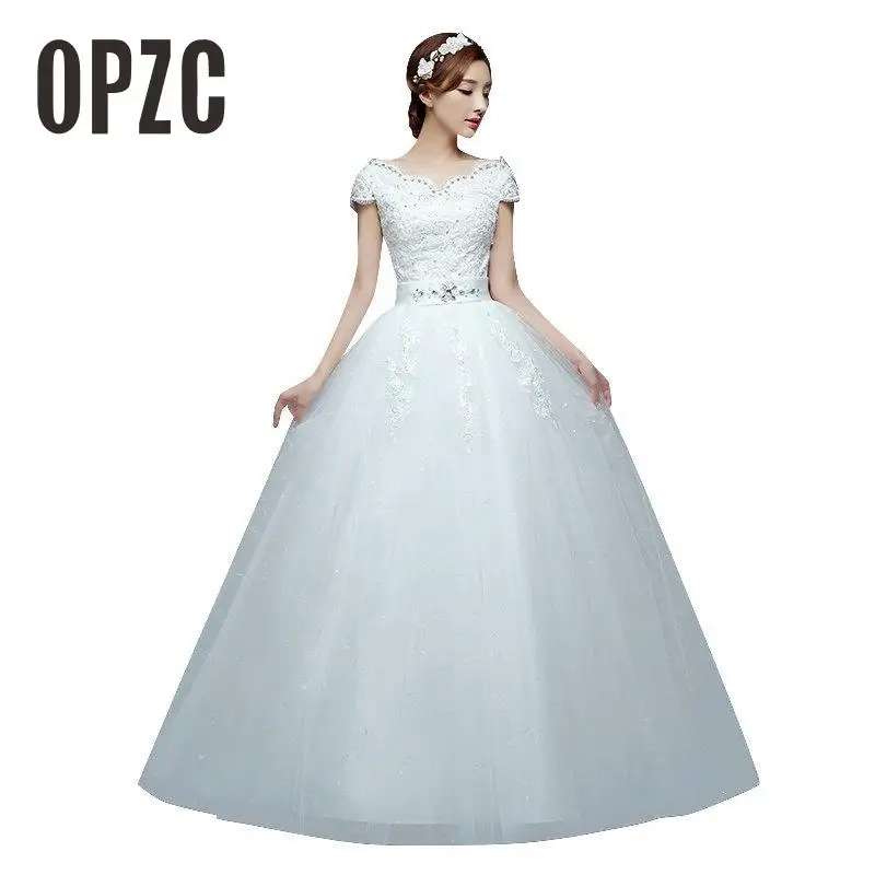 

2017 New Style V-Neck Short Sleeve Lace Up White Waist Crystal Decoration Bling Wedding Dress vestidos de noivas Custom Made T17