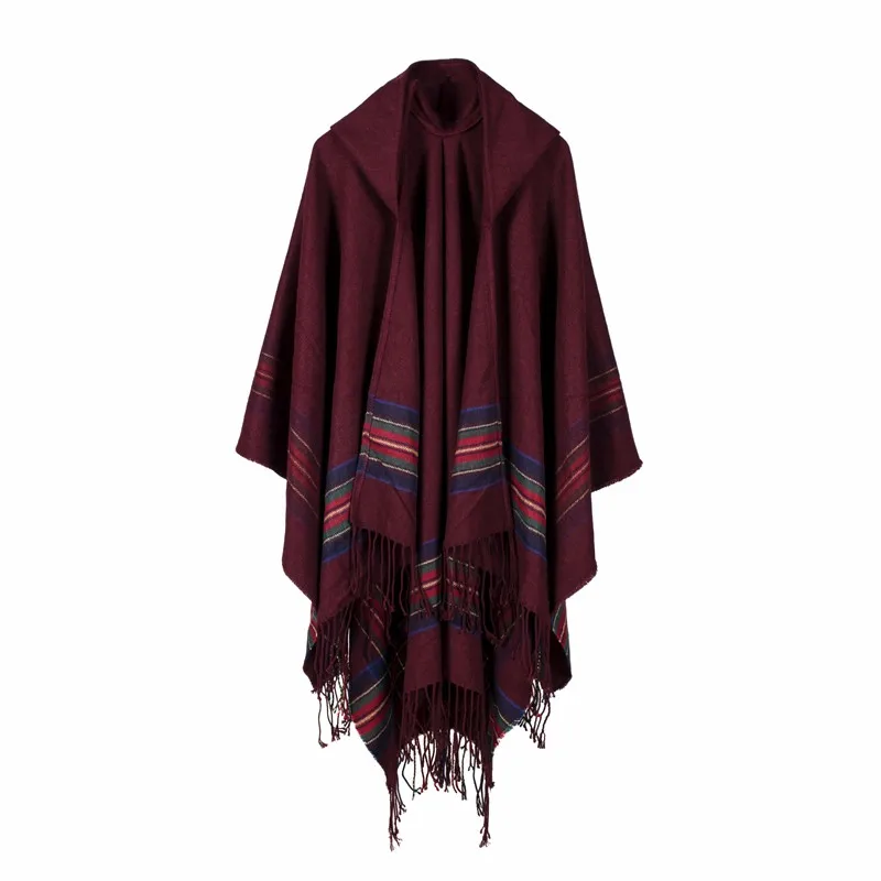 New fashion women winter shawl and wraps thick warm blanket scarf oversize hooded black ponchos and capes striped tassel echarpe2