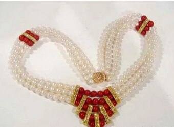 

bjc 000872 3 Rows Real White Pearl Red Coral 18KGP Crystal Clasp Necklace