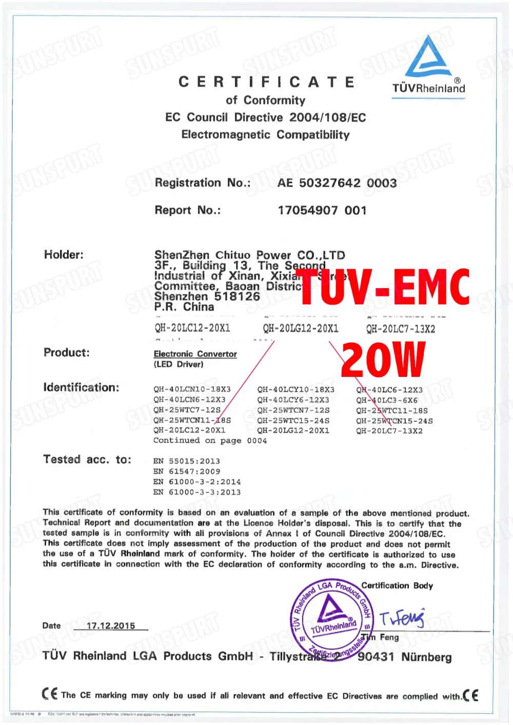 lc20w 25w 40w TUV-EMC Cert01