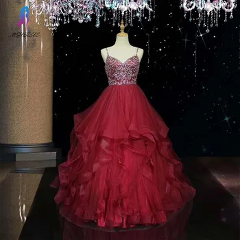 

Red Tulle Tiered Ball Gown Prom Dress Long Spaghetti Straps Crystals Evening Gown Formal Dresses MSHBLUE
