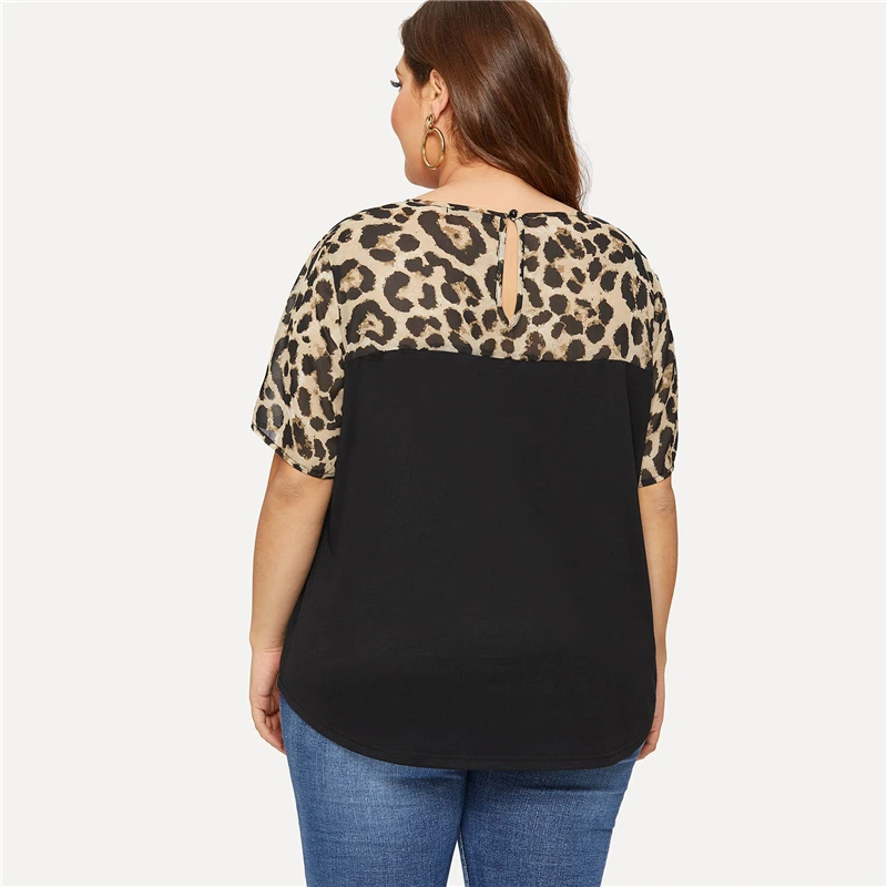 Sheinside, футболка размера плюс, женские леопардовые хомуты с вырезами и пришитыми закругленными краями, летние топы,, черные цветные блоки, повседневная женская футболка