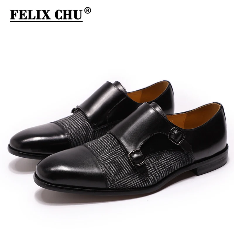 

DANIEL WAFER Brand Designer Monk Strap Mens Dress Shoes Genuine Leather With Denim Black Brown Wedding Party Dress Shoes Men