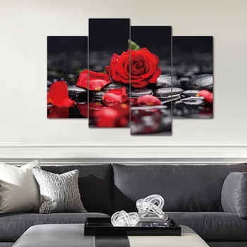 

4 Pieces/set Canvas Print Flower White Lotus In Black Wall Art Picture with Modern Wall Paintings Modular picture (Unframed)