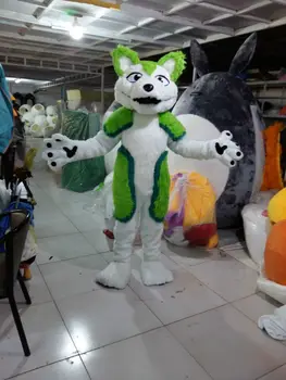

Long Fur Green Husky Wolf Dog Mascot Costume Suits Fursuit Halloween Cosplay Party Game Fancy Dress Adult Size