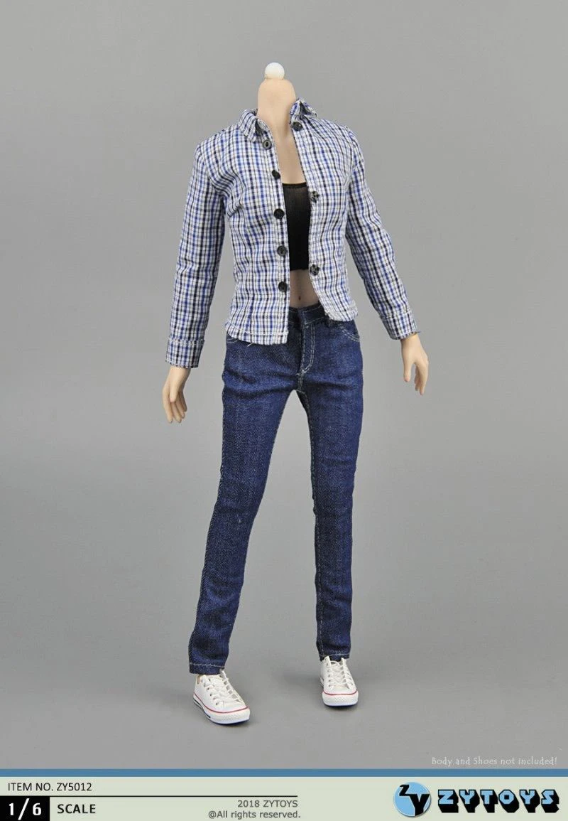 ZYTOYS 1/6 ZY5012 женский синий клетчатый джинсовый костюм женская рубашка джинсы