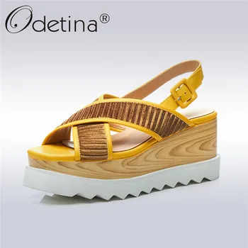 

Odetina New Fashion Genuine Leather Platform Sandals Wedge High Heels Women Square Toe Ankle Strap Shoes Plus Size 33-42