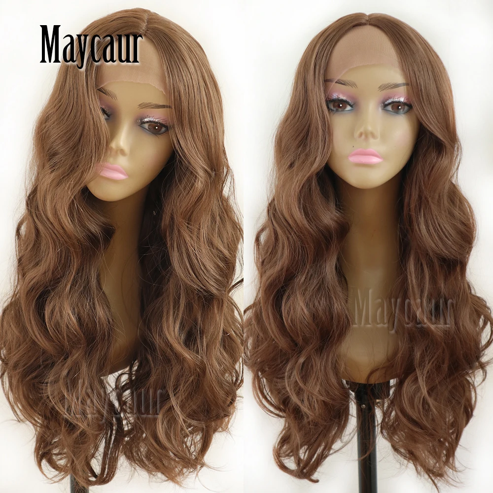 Maycaur волосы среднего коричневого цвета длинные волнистые волосы кружевные парики бесклеевые термостойкие синтетические парики на кружеве для черных женщин