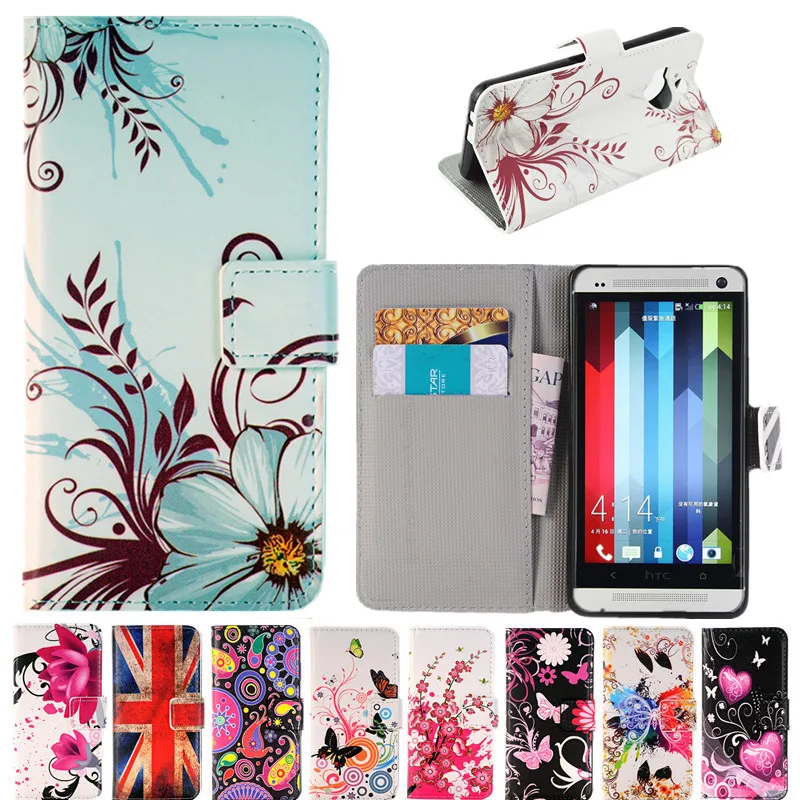 

Fashion Painting Leather Flip Wallet Case For HTC One M7 801E M8 M9 E9 Plus FLower US UK Flag Butterfly Pattern Fundas Capa