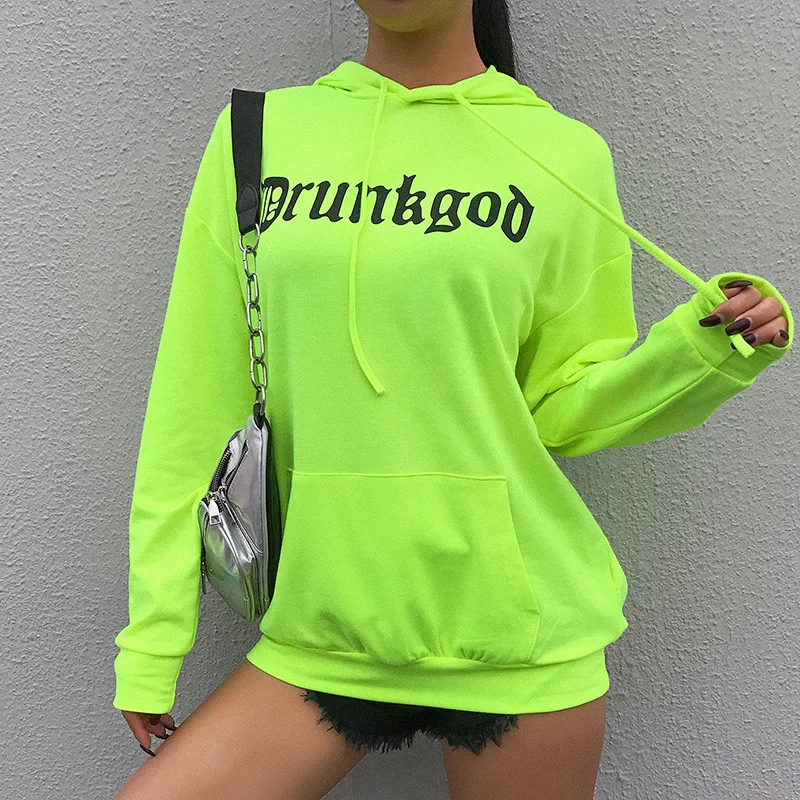 Auyiufar Neon Green Long Sleeve Hooded Sweatshirt Loose Streetwear Gothic Letter Printed Tops Harajuku Pullover Women Autumn Top Auyiufar Neon Green Long Sleeve Hooded Sweatshirt Loose Streetwear Gothic Letter Printed Tops Harajuku Pullover Women Autumn Top
