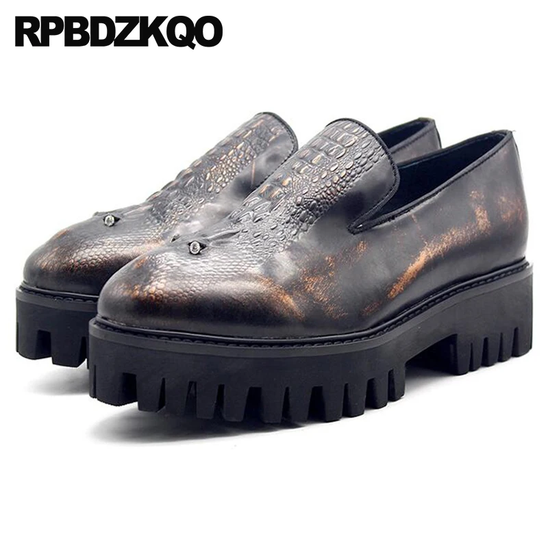 

Cow Skin Brush Platform Luxury Crocodile Gold Loafers Men New Rhinestone Alligator Plus Size Real Leather Creepers Summer Shoes