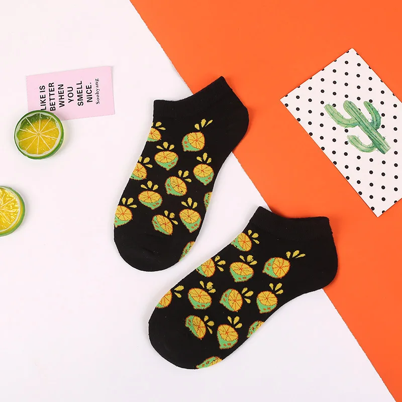 PEONFLY/женские носки; сезон весна-лето; хлопковые короткие носки; цветные носки с принтом авокадо, вишни и фруктов; Harajuku; милая забавная лодка; носки - Цвет: Lemon boat socks