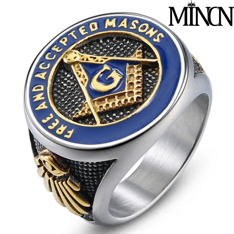 

MINCN Vintage Black Stainless Steel Men Ring Big Free Mason Freemasonry Masonic AG Retro Punk Silver Titanium Male Ring Jewelry