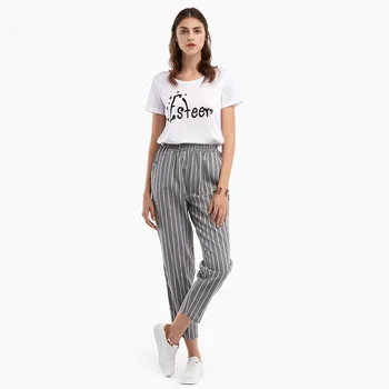 

2018 Fashion Women Elastic Waist Striped Pants Spring Summer Ladies Casual Pockets Cotton Linen Loose Trousers Plus Size Spring