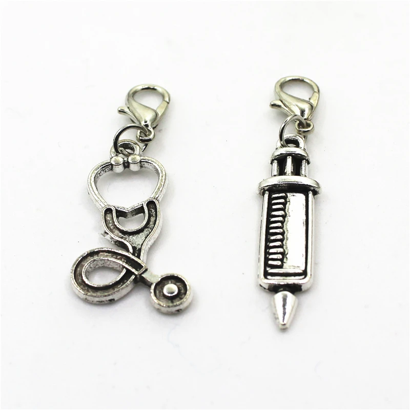 

30pcs/lot Syringe Stethoscope Dangle Charms Lobster Clasp charms Hanging Charm DIY Jewelry Accessories Bracelet Necklace